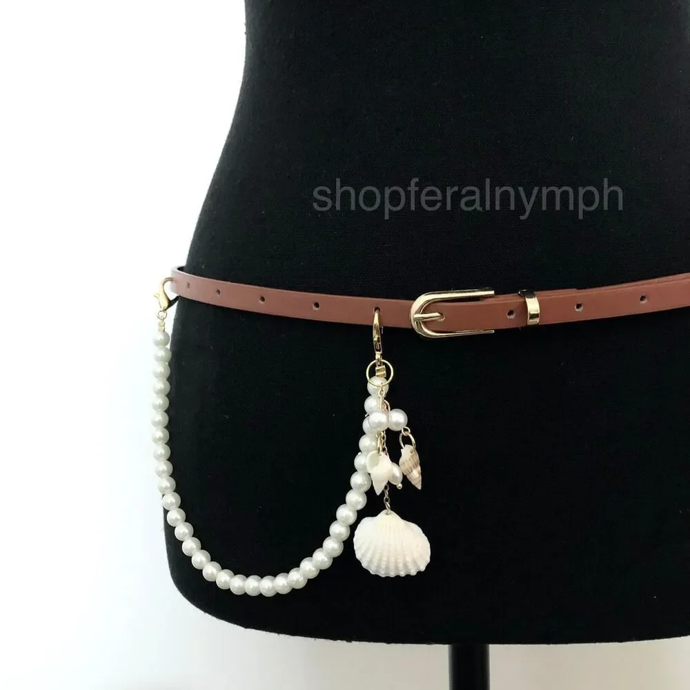 Mermaidcore Brown Faux Leather Pearl Shell Belt, Fits 32.5–35 Inches, X7GA1230
